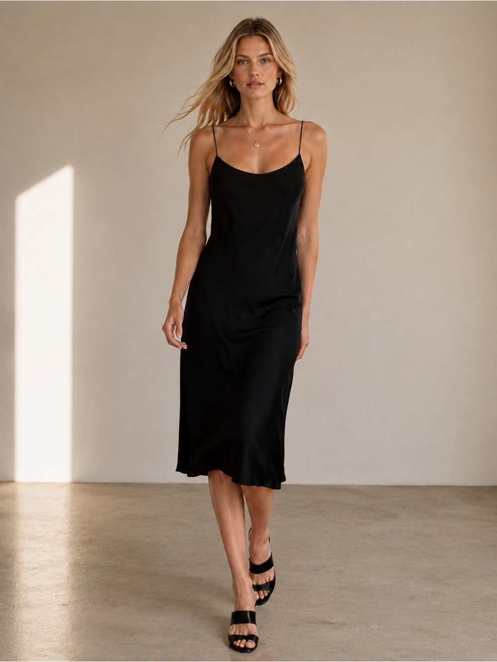 THEORY Timeless Black Slip Midi Dress with Spaghetti Straps NWT Size 10